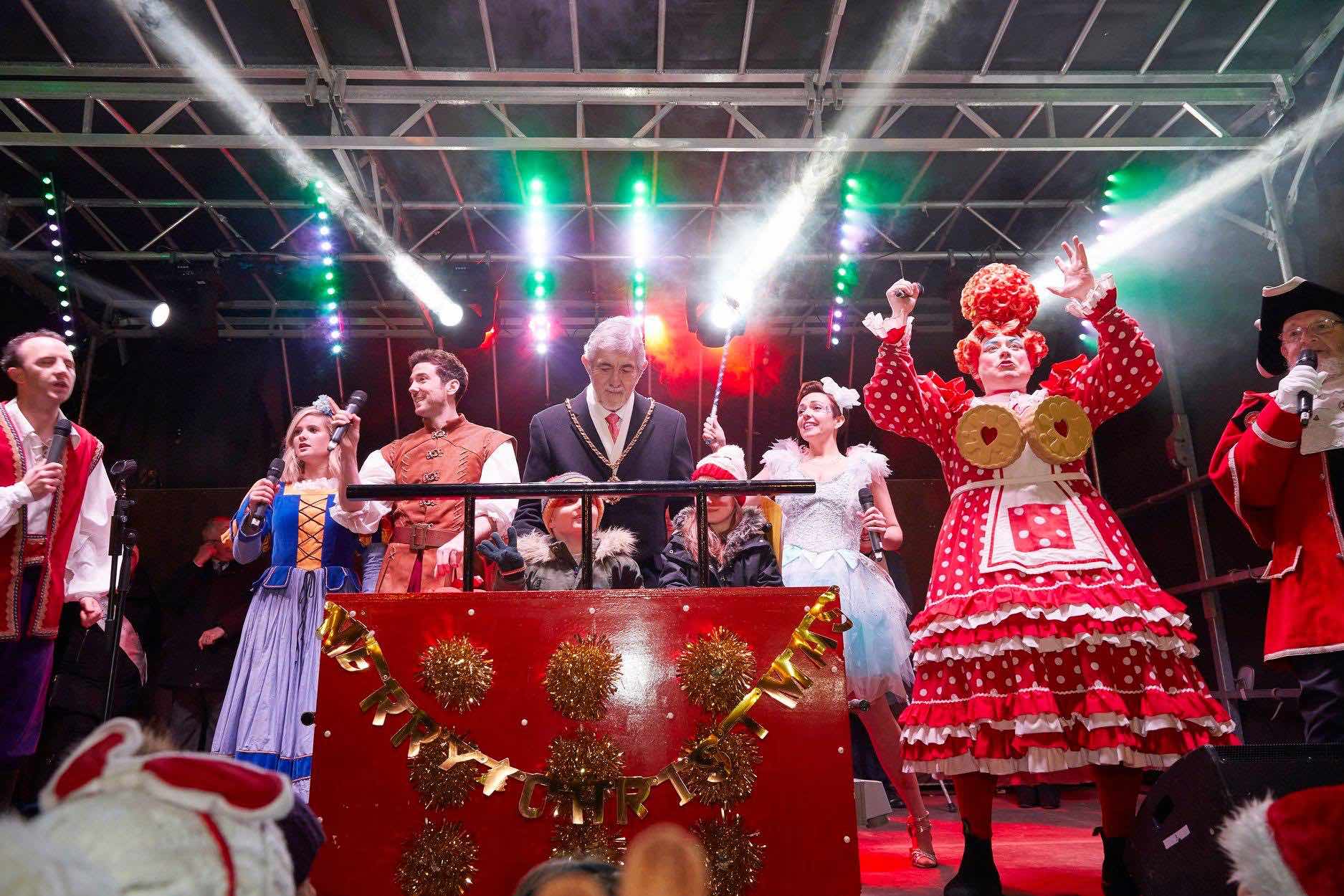 Lichfield , Staffordshire , Christmas , lights , switch on , 2018 , 2019 , gold , production , stage , hire , rent , rental , 