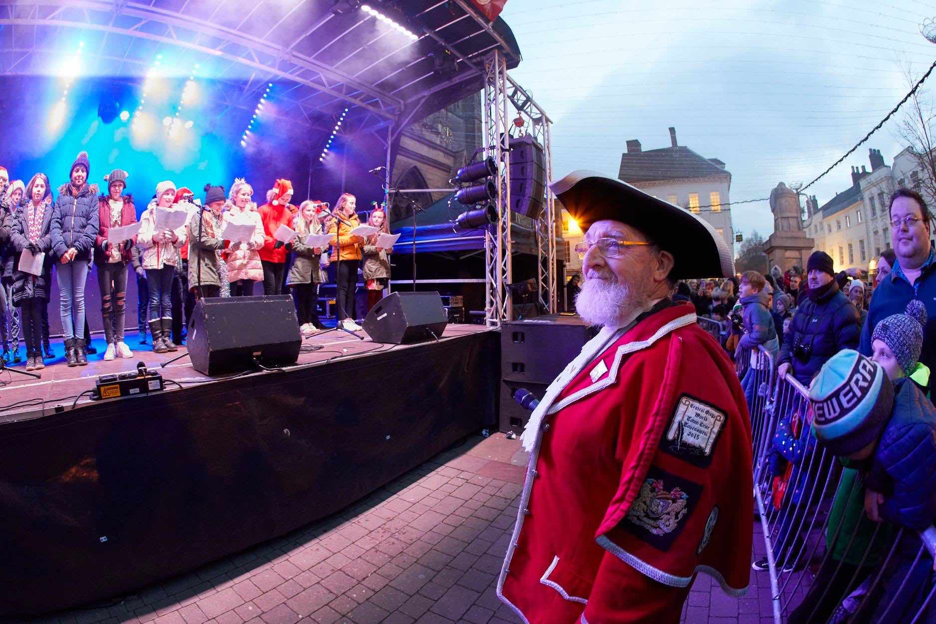Lichfield , Staffordshire , Christmas , lights , switch on , 2018 , 2019 , gold , production , stage , hire , rent , rental , 