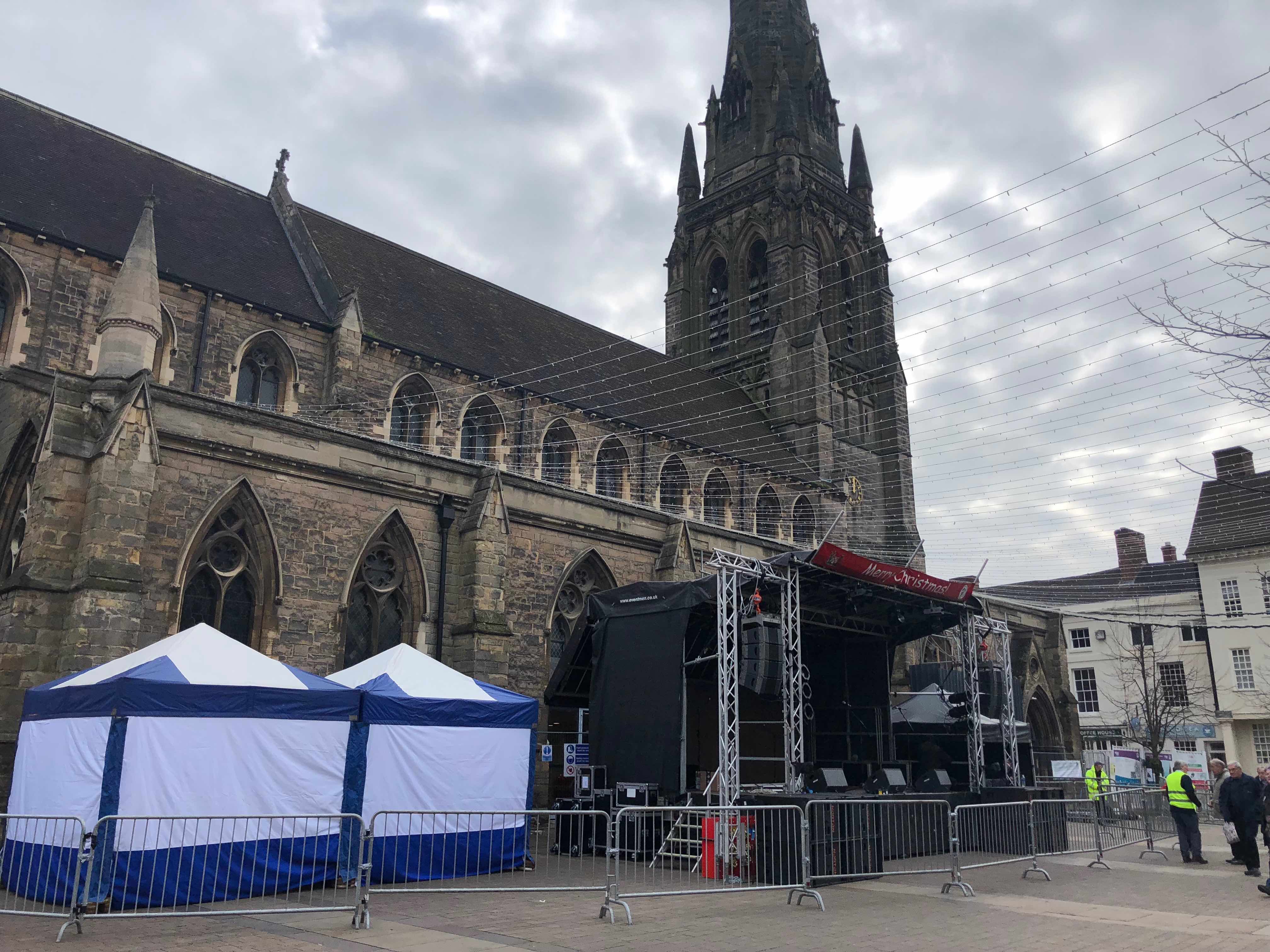 Lichfield , Staffordshire , Christmas , lights , switch on , 2018 , 2019 , gold , production , stage , hire , rent , rental , 