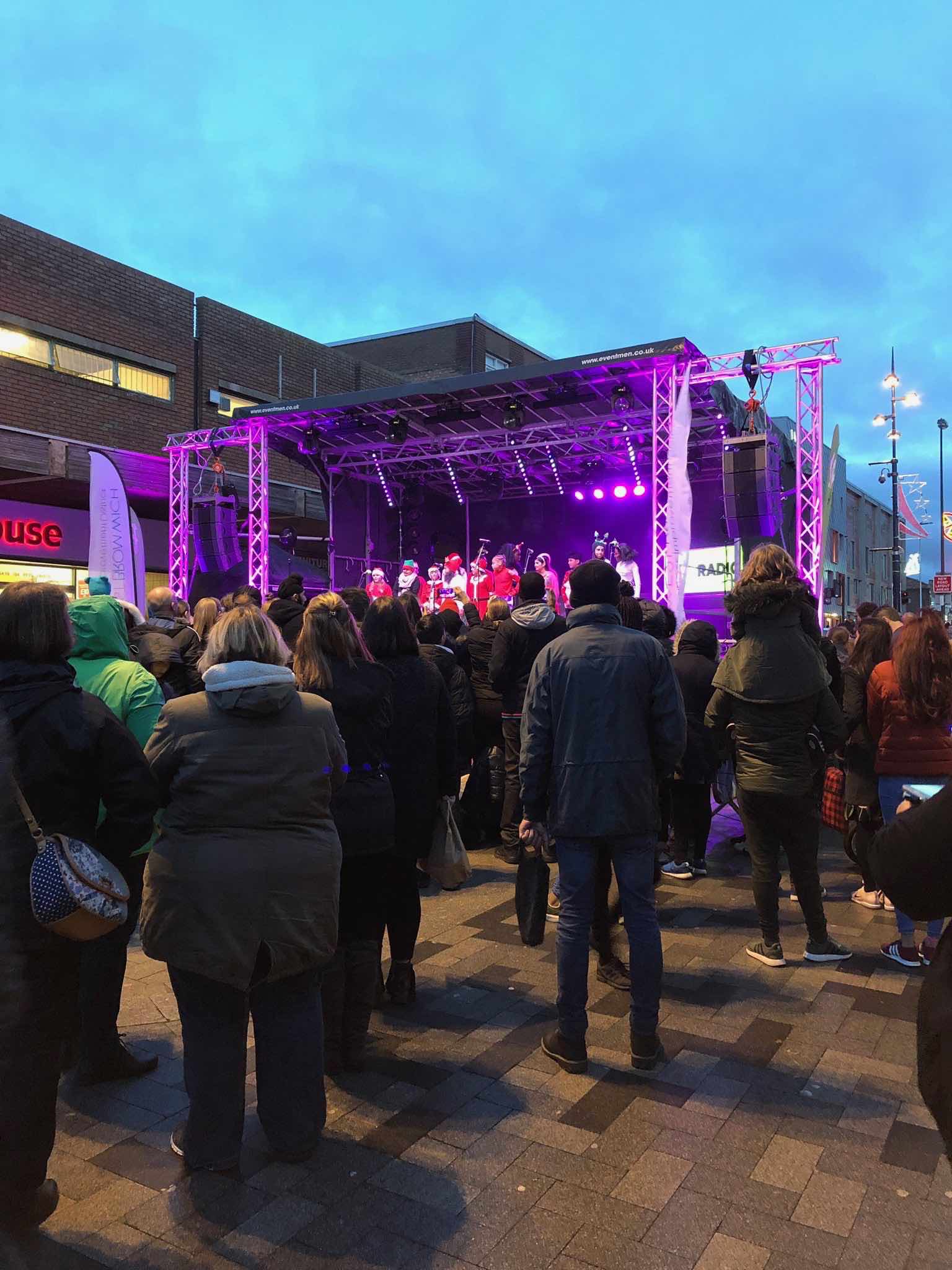 West Bromwich, Birmingham , Christmas , lights , switch on , 2018 , 2019 , gold , production , stage , hire , rent , rental , Cut Kelvins , Free radio , Katie Ashworth , CBBC , 