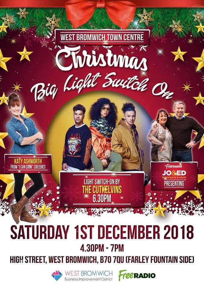 West Bromwich, Birmingham , Christmas , lights , switch on , 2018 , 2019 , gold , production , stage , hire , rent , rental , Cut Kelvins , Free radio , Katie Ashworth , CBBC , 